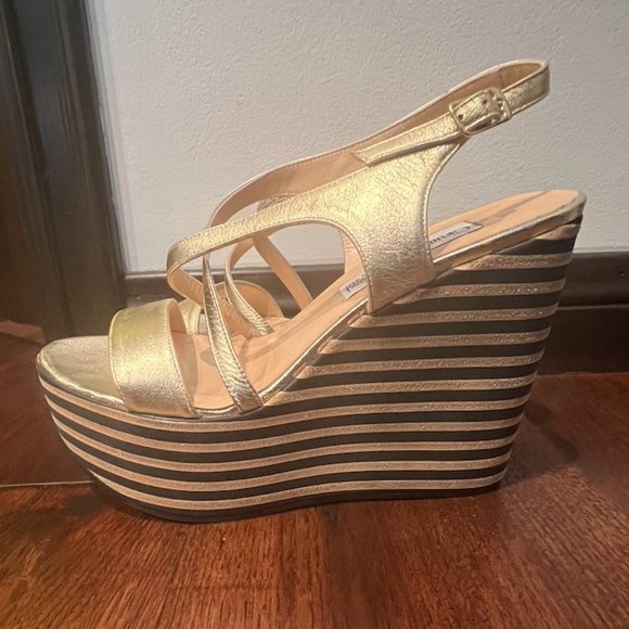 GIAMPAOLO VIOZZI CRISSCROSS WEDGE PLATFORMS, SIZE EUR 39/US 8, GOLD/BLACK/BEIGE - Picture 1 of 8